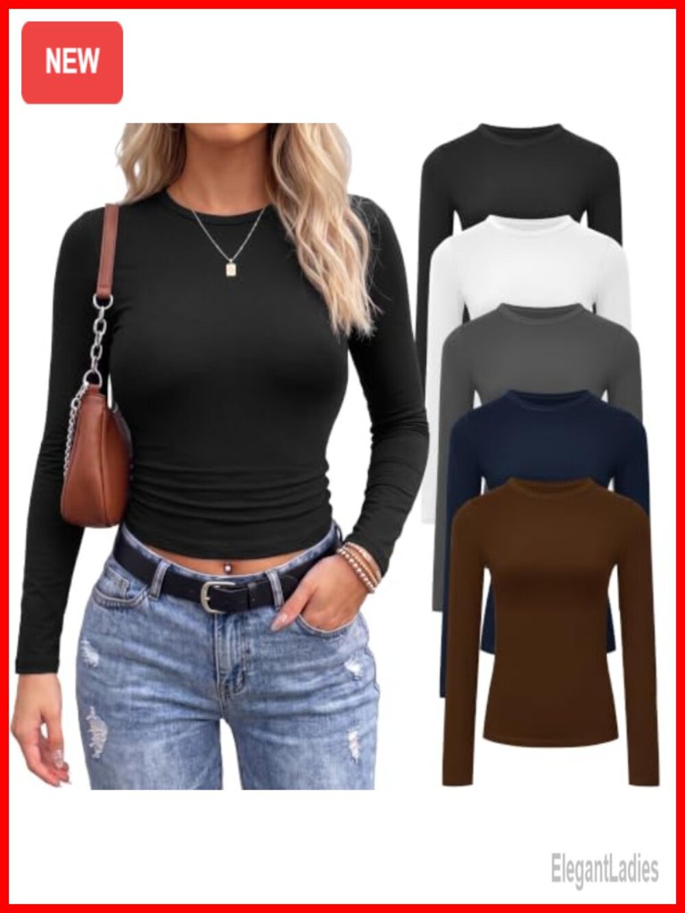 Women 5 Pack Long Sleeve Tops Polyester Spandex Slim Fit Crew Neck